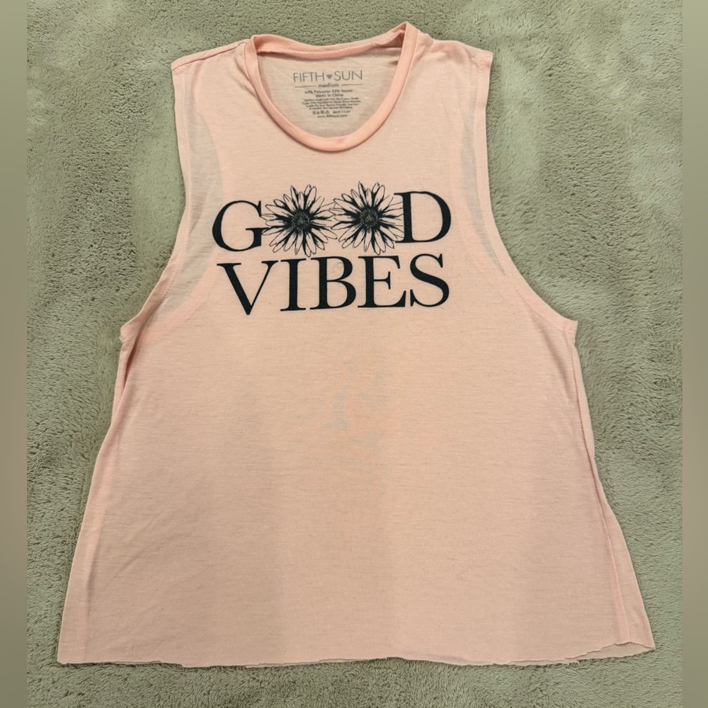 Fifth Sun Women's Light Pink Muscle Tee - Good Vibes